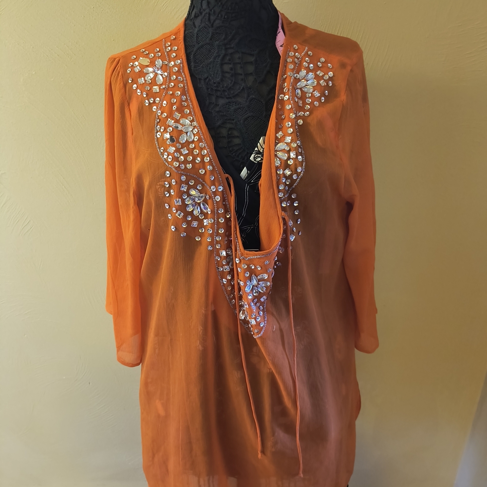 Newport News Orange Embellished Sheer Blouselije Bathing Suit Cover